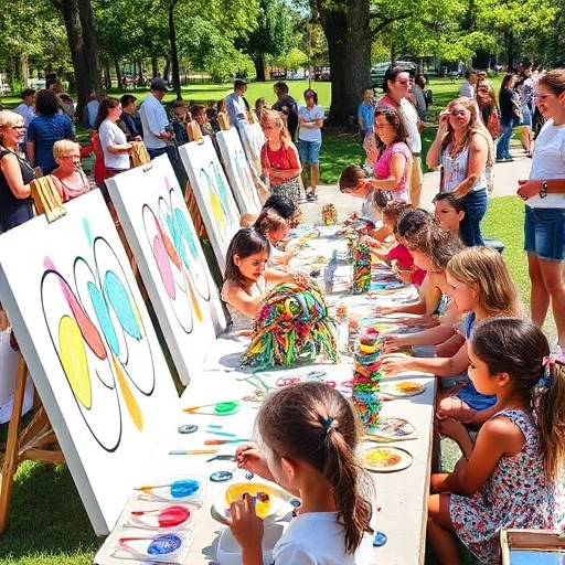 A vibrant outdoor festival celebrating children's creativity, featuring kids painting on large canvases, building colorful sculptures from recycled materials, performing puppet shows on a small stage, and participating in a collaborative mural project, with smiling children and parents enjoying the sunny day in a park setting