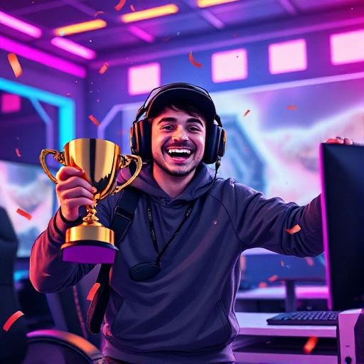 A cheerful gamer celebrating victory in a CSGO match, holding a trophy, surrounded by confetti and digital effects, futuristic gaming setup with RGB lights, stylized and vibrant, smallHQ style