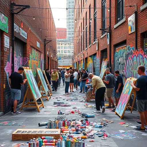 A vibrant street art festival with colorful murals on brick walls, graffiti artists painting live, diverse crowd of people watching, urban setting with string lights overhead, spray paint cans and brushes scattered on the ground, dynamic energy and creative expression