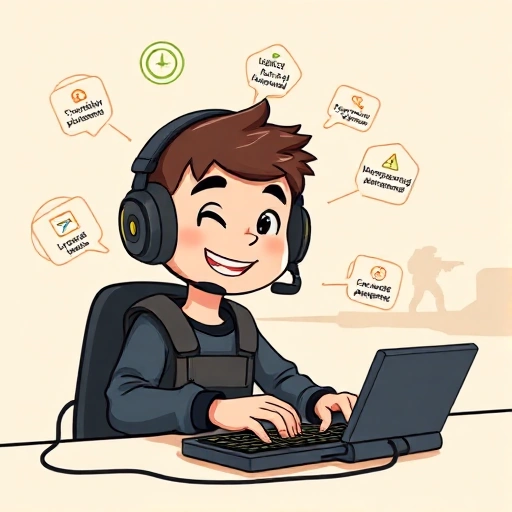A cheerful cartoon-style illustration of a beginner CS:GO player wearing a headset, smiling while holding a mouse and keyboard, with floating icons of helpful tips like crosshair placement, economy management, and map awareness around them, set against a clean, minimalist background with subtle game-themed elements like a distant de_dust2 silhouette and soft glowing UI elements, all in a bright, inviting, and educational tone suitable for new players