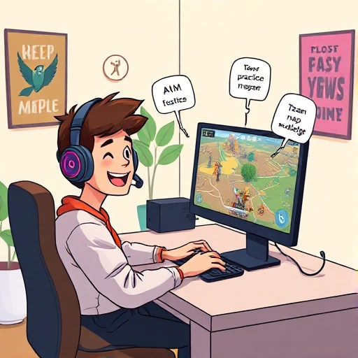 A cheerful beginner gamer sitting at a desk with a computer, wearing headphones, smiling while playing CSGO on a monitor showing a colorful in-game map with friendly bots, surrounded by floating icons representing tips like aim practice, map knowledge, and teamwork, in a bright, welcoming, cartoon-style room with soft lighting and motivational posters on the wall
