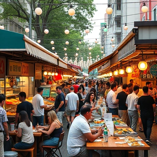A vibrant outdoor street food festival scene with diverse food stalls, colorful awnings, people eating and socializing, string lights, and a lively atmosphere