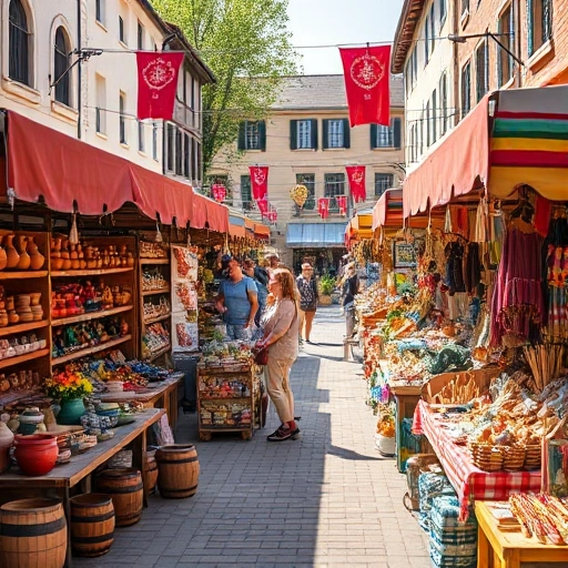 A vibrant craft fair with colorful stalls displaying handmade goods such as pottery, woven textiles, wooden toys, embroidered clothing, and paper crafts, set in a sunny outdoor town square with banners, string lights, and people browsing and chatting, warm daylight, detailed smallHQ style