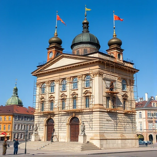 A detailed reconstruction of a historical monument in Ivanovo, showing the original architectural style with scaffolding and restoration work in progress, workers in period-appropriate clothing, clear blue sky, surrounding cityscape with traditional Russian buildings, high detail, realistic lighting