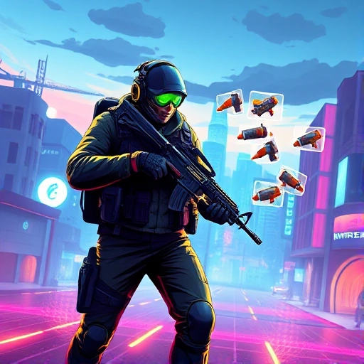 A vibrant, high-energy digital illustration of a professional CS:GO player in mid-action, wearing a futuristic gaming headset and tactical gear, standing on a glowing virtual battlefield with floating holographic icons of AWP, AK-47, and smoke grenades around them. The background features a stylized cityscape at neon dusk with subtle CS:GO map elements like Dust II tunnels and Mirage mid, all rendered in sharp, crisp detail with a slight motion blur to convey speed and intensity. The player’s ex