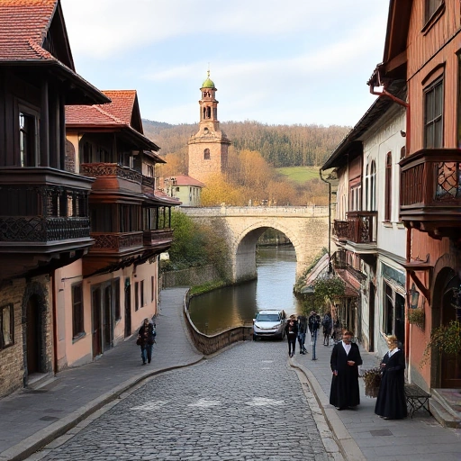 A picturesque view of the historic streets of Ivanovo, featuring cobblestone roads, traditional wooden houses with ornate balconies, old stone arches, and a gentle river in the background, with soft autumn light and a few pedestrians in period attire.