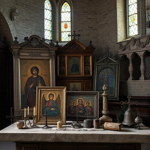 A serene historical scene depicting ancient Ivanovo relics: weathered wooden icons, faded textile fragments with traditional Russian embroidery, and aged metal artifacts like crosses and bells, arranged softly on a stone altar in a quiet, dimly lit chapel interior, with gentle morning light filtering through stained glass, evoking reverence and timelessness