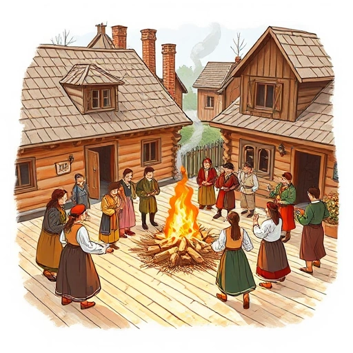 An illustration of Ivanovo's ancient customs: a traditional folk gathering in a wooden courtyard, villagers in period attire, dancing around a bonfire, with traditional wooden houses in the background, no modern elements, no text