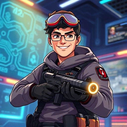 A dynamic, high-resolution illustration of a confident CSGO player in a bright, futuristic gaming environment, surrounded by holographic strategy maps and tactical overlays, with a cheerful expression and a glowing weapon, all rendered in a realistic style