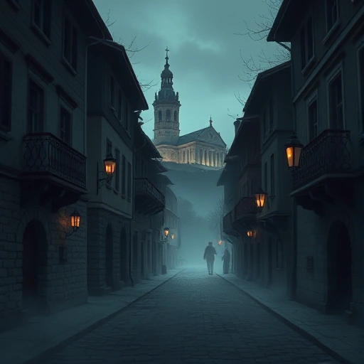 A moody, atmospheric illustration of Ivanovo’s historic streets at twilight, featuring cobblestone lanes, old wooden houses with ornate balconies, and a faint silhouette of the Ivanovo Cathedral in the background. The scene is shrouded in soft mist, with subtle hints of lantern light reflecting off the stone, evoking a sense of mystery and ancient heritage.