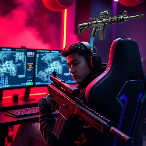 A professional CS:GO player in a high-intensity gaming setup, wearing a focused expression, surrounded by multiple monitors displaying game maps and stats, with a sleek gaming chair, RGB lighting, and subtle in-game elements like a floating AWP sniper rifle and smoke effects in the background, conveying skill, focus, and pro-level gameplay