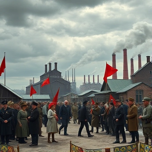 A historical scene depicting Ivanovo during times of war and revolution: workers in early 20th-century clothing gathering near textile mills, red flags waving, soldiers and civilians in mixed attire from the Russian Civil War era, smokestacks in the background under a turbulent sky, conveying tension and social upheaval