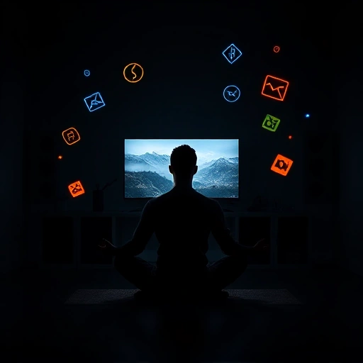 A serene gamer sitting cross-legged in a dimly lit room, surrounded by floating CSGO-themed symbols like glowing headshots, defuse kits, and tranquil smoke effects, eyes closed in meditation, soft ambient light from a monitor displaying a peaceful in-game landscape, minimalistic and calming atmosphere