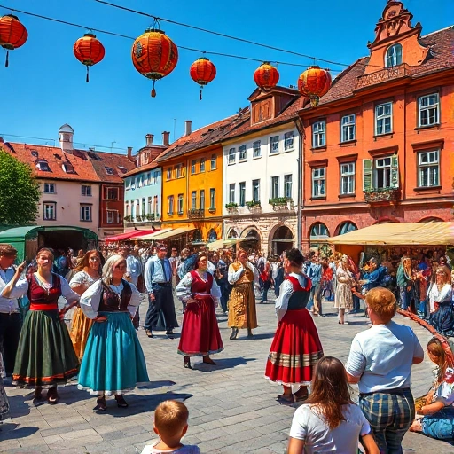 A vibrant cultural festival taking place in a historic town square, featuring traditional folk dancers in colorful regional costumes, musicians playing ethnic instruments like balalaikas and drums, stalls with handmade crafts and local food such as pirozhki and kvass, lanterns strung overhead, and diverse attendees of all ages enjoying the celebration under a clear blue sky