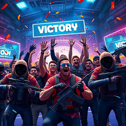 A dynamic and vibrant scene depicting a team of diverse CSGO players celebrating a victory in a futuristic gaming arena, with holographic scoreboards showing 'VICTORY', confetti falling, and stylized in-game weapons like AK-47 and AWP glowing with energy, all rendered in a clean, high-detail smallHQ style with sharp focus and energetic composition