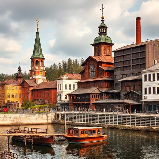 A picturesque view of Ivanovo's historic center, featuring the iconic wooden church of St. Nicholas, the 19th-century textile factory, and the river Volga with traditional wooden boats, all rendered in a warm, nostalgic color palette.