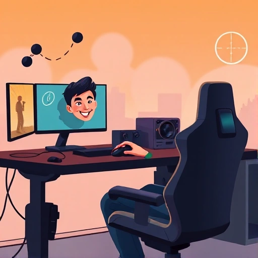 A cheerful gamer sitting at a gaming desk with a CS:GO-themed setup, holding a mouse and smiling, surrounded by subtle in-game elements like floating smoke effects, a distant bomb site silhouette, and a faint crosshair glow in the air, all rendered in a clean, vibrant, high-quality smallHQ style with soft lighting and modern aesthetic