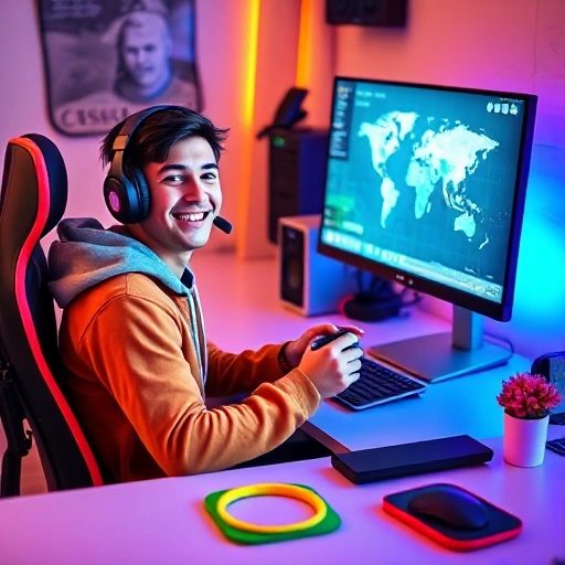 A cheerful beginner gamer sitting at a desk with a computer screen displaying a CSGO map, wearing a headset and holding a controller, surrounded by bright, colorful gaming accessories and a sense of mastery and happiness, all depicted without any text or lettering