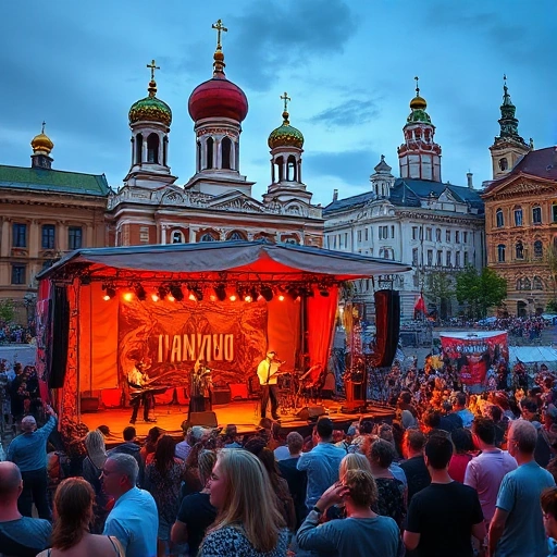 A vibrant concert scene in the center of Ivanovo, Russia, featuring a lively outdoor stage with musicians performing, a diverse crowd of people enjoying the music, colorful banners and lights, historic Ivanovo architecture in the background including church domes and Soviet-era buildings, evening atmosphere with warm stage lighting, festive and joyful mood
