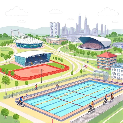 depict Ivanovo as a vibrant city of sport, showing modern sports arenas, athletes training in outdoor fields, cyclists on bike paths, swimmers in a pool, and a skyline with iconic city landmarks, all rendered in a dynamic, energetic atmosphere without any text or numbers