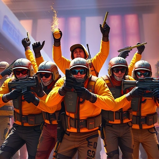 A group of CS:GO players celebrating a victory with their in-game characters, showcasing different winning strategies such as teamwork, precise aiming, and smart map control. The scene should be vibrant and dynamic, capturing the excitement and joy of winning.