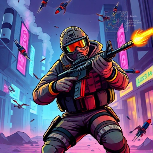 A dynamic and colorful illustration of a CSGO player in mid-action, wearing tactical gear, holding a rifle, with a focused expression, surrounded by floating game elements like smoke grenades, bullet trails, and a mini-map overlay, set in a stylized urban battlefield with vibrant lighting and energetic motion lines to convey victory and excitement