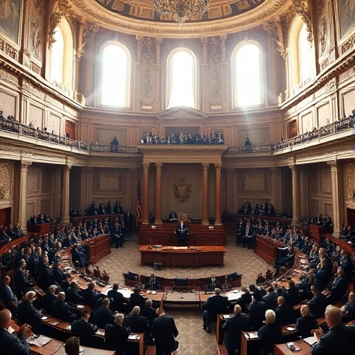 A grand legislative assembly hall in Ivanovo, Russia, with ornate architecture, featuring a large group of formally dressed officials and citizens gathered around a central podium where a law document is being presented, sunlight streaming through tall windows, conveying a moment of official approval and reconstruction efforts