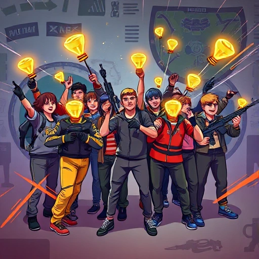 A vibrant CSGO scene showing a diverse team of players celebrating a victory, with dynamic motion lines and glowing achievement icons floating around them, set against a stylized map backdrop with subtle tactical elements