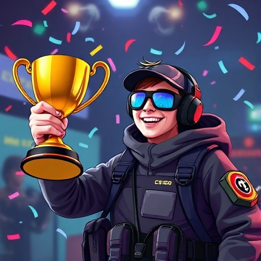 A cheerful gamer celebrating a victory in CS:GO, holding a trophy with confetti falling, surrounded by subtle in-game elements like a defused bomb and a smiling CT agent, vibrant colors, energetic atmosphere, smallHQ style