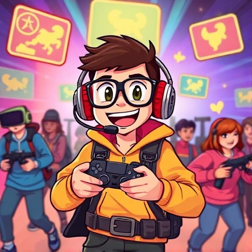 A cheerful CS:GO player in a vibrant, dynamic gaming environment, holding a controller and wearing a headset, surrounded by glowing map icons and friendly teammates, all depicted in a lively, cartoonish style with bright colors and energetic motion