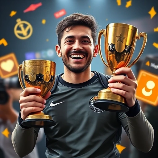 A cheerful professional CS:GO player celebrating victory with a trophy, surrounded by glowing in-game elements like headshots, defuse kits, and map icons (Dust II, Mirage), wearing a team jersey with a happy expression, dynamic lighting, high detail, competitive gaming atmosphere