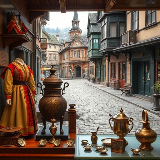 A historical scene of Ivanovo city with its ancient treasures displayed in a museum-like setting, featuring ornate 19th-century artifacts such as traditional Russian folk costumes, old wooden samovars, antique silverware, and a backdrop of the old city architecture with cobblestone streets and historic wooden houses, all rendered in a warm, nostalgic color palette.