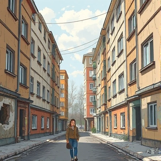 A realistic illustration of a typical Ivanovo residential street with aging apartment blocks, cracked walls, peeling paint, broken windows, and a few residents in casual clothing looking concerned. The scene should capture the sense of neglect and housing problems without any text or signage.