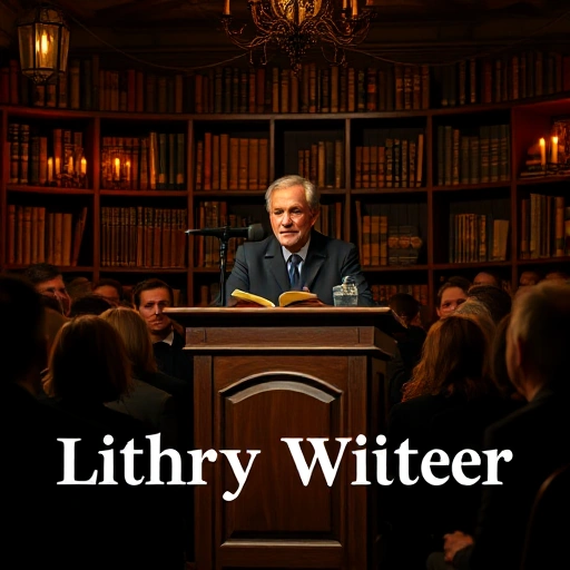 A cozy literary evening with a famous writer speaking at a wooden podium, surrounded by an attentive audience in soft candlelight, bookshelves in the background, warm amber lighting, intimate atmosphere, no text or letters visible