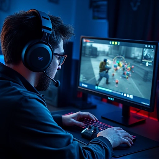 A professional CS:GO player in a high-intensity gaming setup, wearing a headset, focused on a dual-monitor display showing an in-game map with tactical overlays, surrounded by gaming peripherals (mechanical keyboard, RGB mouse, controller), soft ambient lighting with blue and red accents, dynamic motion blur to convey speed and focus, ultra-detailed, 8K resolution, smallHQ style