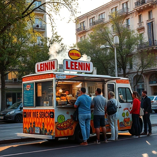 A vibrant food truck parked on Lenin Street, with colorful signage, steam rising from the grill, and people queuing in casual urban attire, surrounded by Soviet-era apartment buildings with balconies, trees lining the sidewalk, and soft afternoon sunlight casting long shadows
