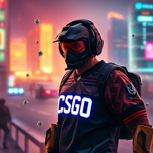 A vibrant, high-energy scene depicting a professional CS:GO player in mid-action, wearing a futuristic gaming headset and jersey with glowing 'CSGO-Happy' logo, standing on a digital battlefield with floating tactical icons (smoke grenades, aim crosshairs, map overlays), neon-lit cityscape in the background, dynamic motion blur, sharp focus on the player's determined expression, cinematic lighting, ultra-detailed, 8K resolution