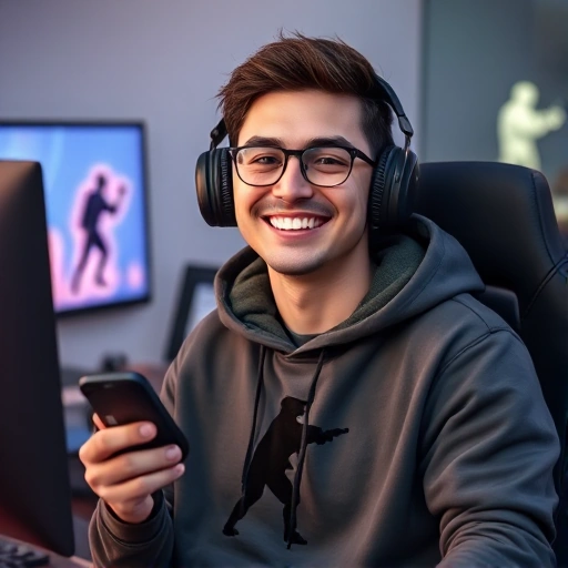 A cheerful professional gamer in a modern gaming setup, wearing a CSGO-themed hoodie, smiling confidently while holding a gaming mouse, with subtle CSGO map elements like Dust II silhouettes faintly glowing in the background, soft ambient lighting, high detail, realistic yet stylized, no text or logos visible