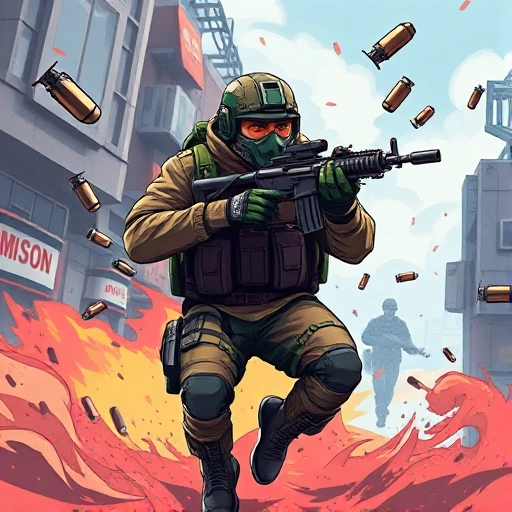 A dynamic, high-energy illustration of a CS:GO player in mid-action, wearing tactical gear and holding a rifle, surrounded by floating game elements like grenades, smoke effects, and score icons, set against a stylized urban battlefield background with sharp contrasts and vibrant colors, conveying excitement and mastery