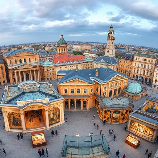 A panoramic view of the city of Ivanovo showcasing its main museums and art exhibitions, featuring historic architecture, cultural landmarks, and visitors exploring galleries with diverse exhibits, vibrant displays, and informative signage, all rendered in a detailed, realistic style with warm lighting and clear visibility of architectural details
