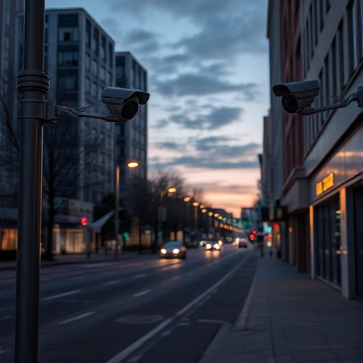 A quiet urban street at dusk with modern surveillance cameras mounted on lampposts and building corners, capturing clear views of the road and sidewalks, soft ambient lighting, realistic details, no people visible, focus on camera equipment and infrastructure