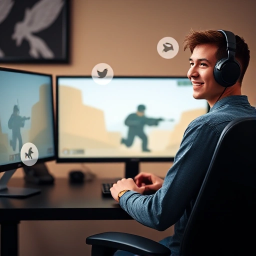 A cheerful beginner gamer sitting at a desk with a computer, wearing headphones, smiling while playing CSGO on a monitor showing a simple in-game scene with a counter-terrorist character holding a weapon, surrounded by subtle floating icons representing tips like 'aim', 'map awareness', 'economy', and 'teamwork' in a clean, minimalist, high-quality smallHQ style