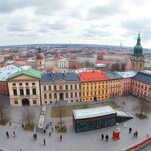 A panoramic view of Ivanovo city showcasing its historic architecture transformed into museum spaces, with museum signs on buildings, visitors exploring outdoor exhibits, and cultural landmarks integrated into the urban landscape, all rendered in smallHQ style