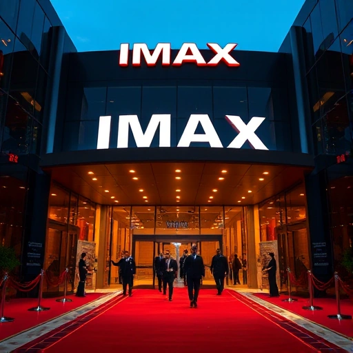 A modern cinema opening with a large IMAX hall, featuring a grand entrance with red carpet, spotlights, and a marquee displaying 'IMAX' in bold letters, people in formal attire walking inside, sleek contemporary architecture with glass and steel, soft evening lighting, cinematic atmosphere, no text or signage beyond the IMAX logo