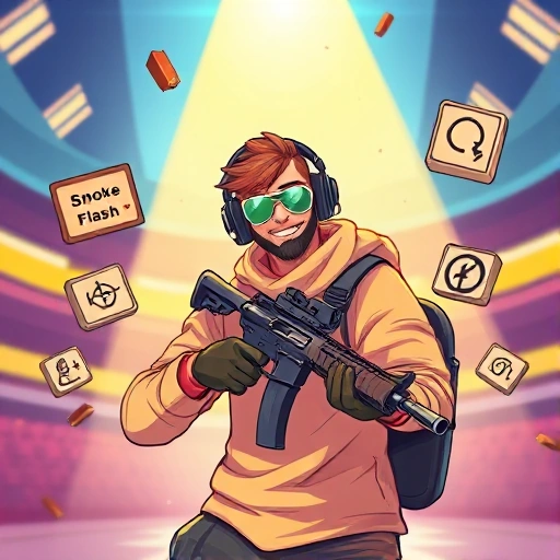 A vibrant, dynamic illustration of a confident CS:GO player in a bright, stylized arena, wearing a sleek headset and holding a rifle, with a glowing tactical HUD overlay, surrounded by floating icons of advanced techniques such as smoke, flash, and precision aiming, all depicted in a cheerful, energetic composition