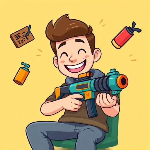 A cheerful cartoon-style scene of a beginner player happily playing Counter-Strike: Global Offensive, holding a colorful toy gun with a smile, surrounded by floating cartoon icons of common beginner mistakes like a defuse kit, a flashbang, and a smoke grenade, all in a bright, playful, low-poly 3D style with soft lighting and pastel colors, no text or UI elements visible