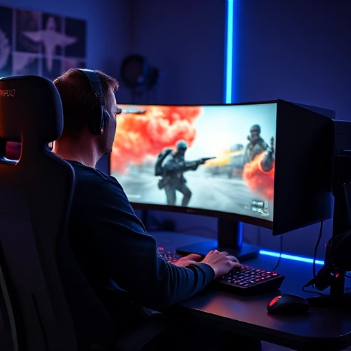 A professional esports player in a gaming chair, focused on a computer screen displaying CSGO gameplay, with vibrant in-game visuals like smoke grenades, weapon skins, and map details visible, surrounded by gaming peripherals (mechanical keyboard, RGB mouse, headset), in a dimly lit room with subtle blue and red accent lighting, conveying intensity and skill