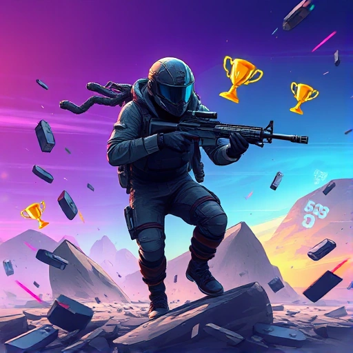 A dynamic and vibrant illustration of a CS:GO player in mid-action, wearing a futuristic tactical helmet with glowing blue accents, holding an AWP sniper rifle, standing on a shattered concrete battlefield with floating debris and digital victory symbols (like glowing trophies and score counters) in the air, surrounded by stylized motion blur and particle effects suggesting speed and triumph, with a subtle gradient sky transitioning from dark purple to electric cyan, conveying the theme 'The Roa