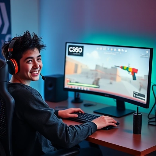 A cheerful beginner gamer sitting at a desk with a computer, wearing headphones, smiling while playing CSGO on a monitor showing a simple in-game scene with colorful weapons and a friendly bot target, soft lighting, modern gaming setup, vibrant but clean aesthetic