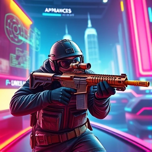 A vibrant, high-energy scene of a CS:GO player in a bright, futuristic gaming setup. The player is mid-action, holding a sniper rifle with a confident smile, surrounded by holographic tactical maps and glowing HUD elements. The background features a stylized, neon-lit cityscape with dynamic lighting, emphasizing advanced tactics and strategy. The composition is dynamic, with a slight tilt to convey motion and excitement, and the overall mood is upbeat and focused.
